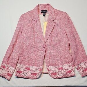NWT Dialogue Pink Tweed Blazer Lace Trim Cuffs Hem Size 14 Preppy